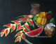 Still life tropical fruits watermelon cocconut flowers mango clay jar oil painting by Yoyita